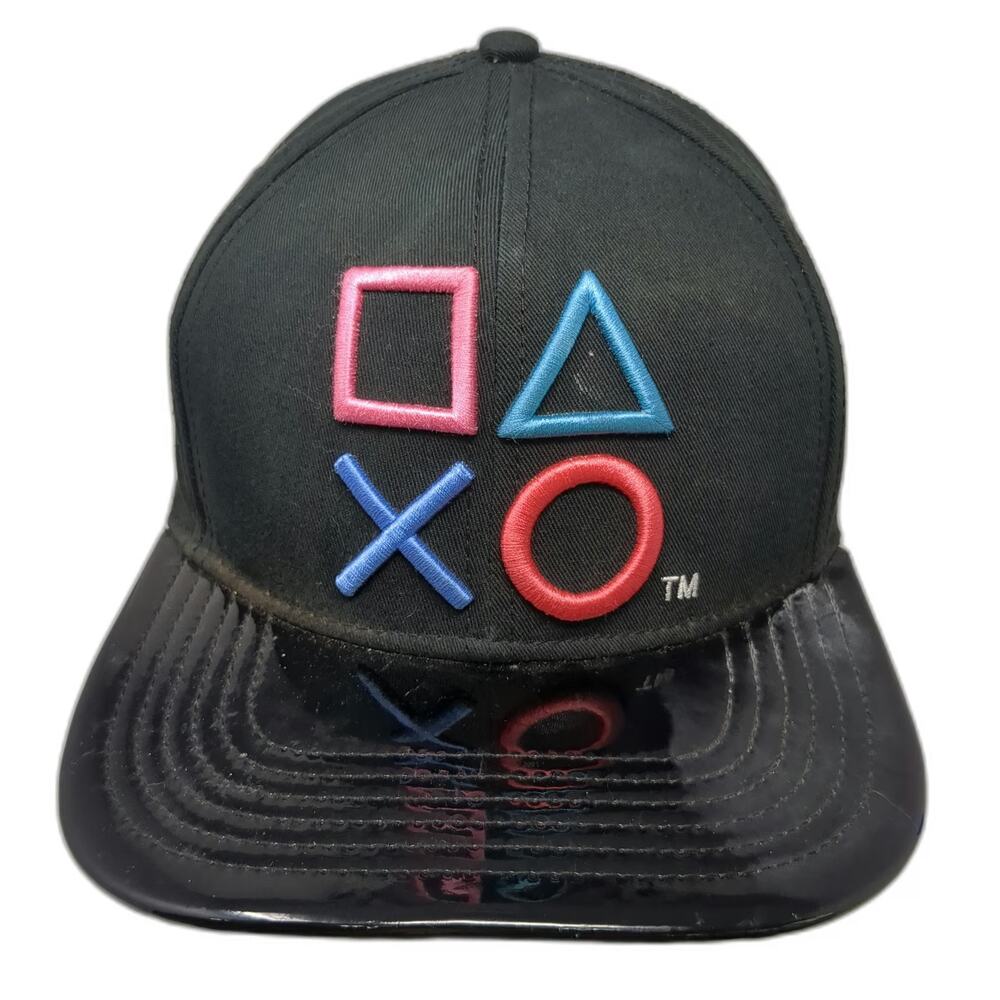 PlayStation Snapback Hat Black One Size Shiny Flat Brim Blue Underbrim Symbols